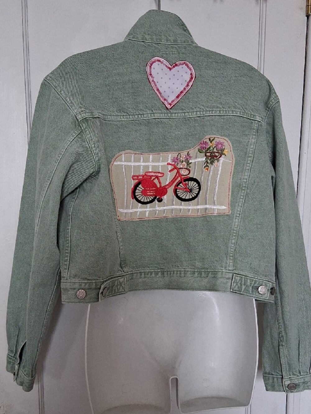 GAP Upcycled Vera's Denim Light Green Jean Jacket w Bike & Red Heart embroider M